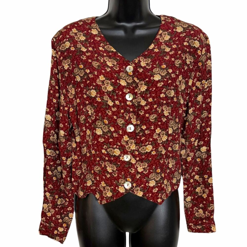 VINTAGE LEE DAVID LTD BLOUSE M BURGUNDY FLORAL COTTAGECORE GRANDMACORE 90S